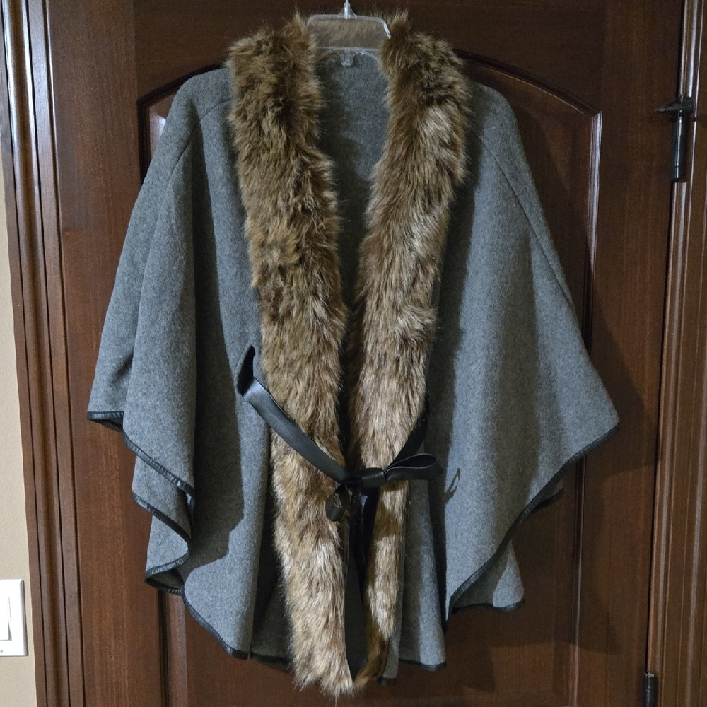 Gray Faux Fur Trim Cape Coat